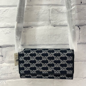 Michael Kors Large Zip Around Wallet Crossbody Bag Silver Black Metallic Logo